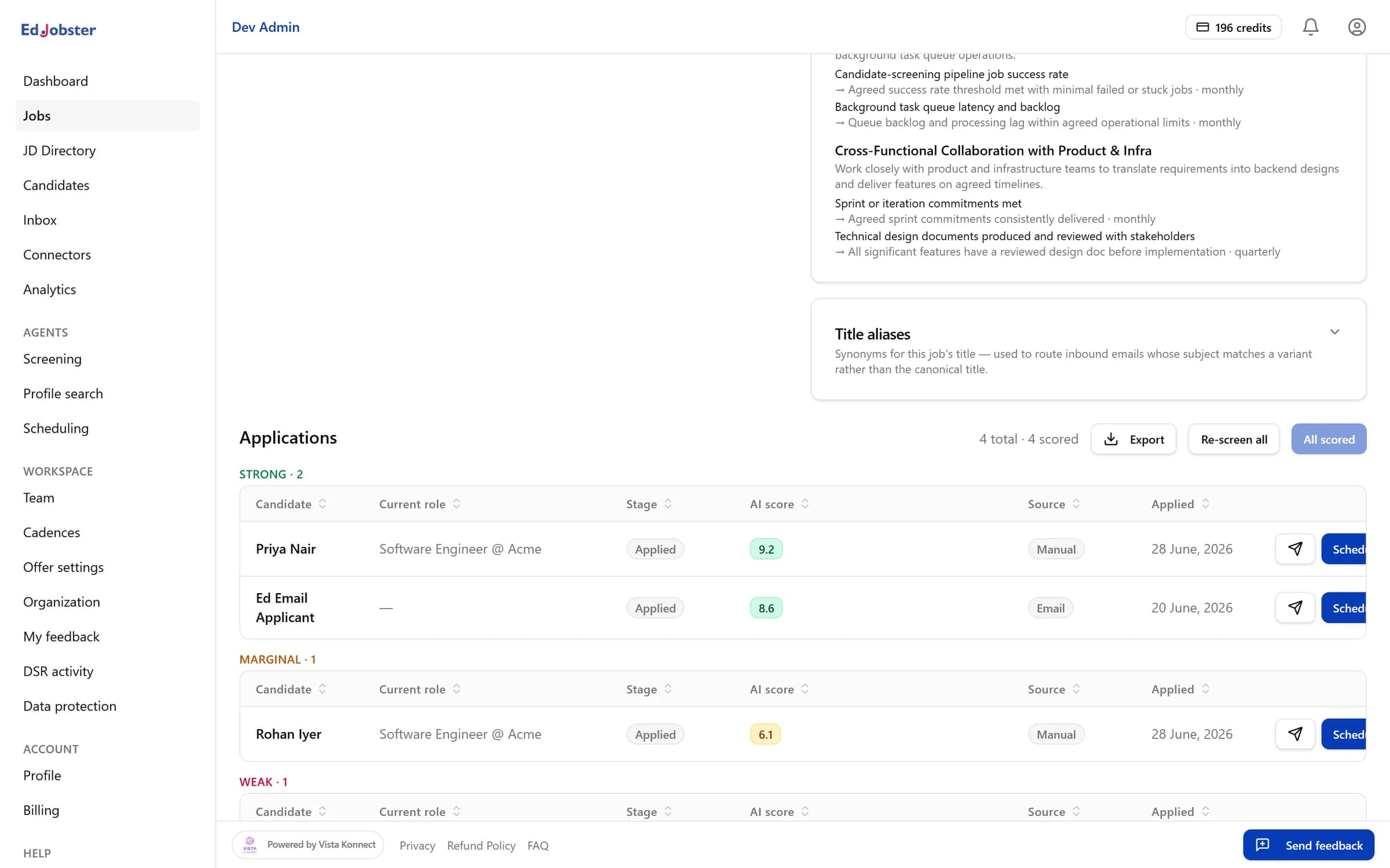 Edjobster AI screening: an opening's applicants scored and banded into Strong, Marginal, and Weak with AI scores, stages, and sources
