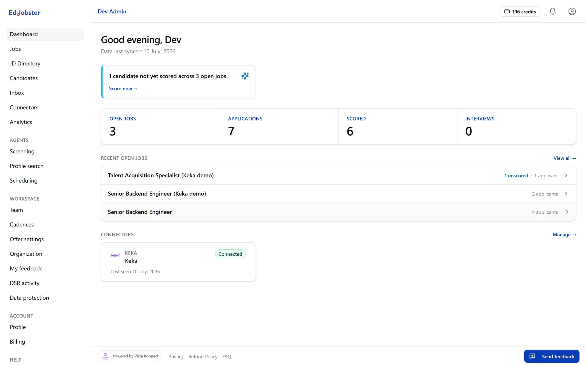 The Edjobster AI tools dashboard showing open jobs, application counts, scored candidates, and a connected Keka integration