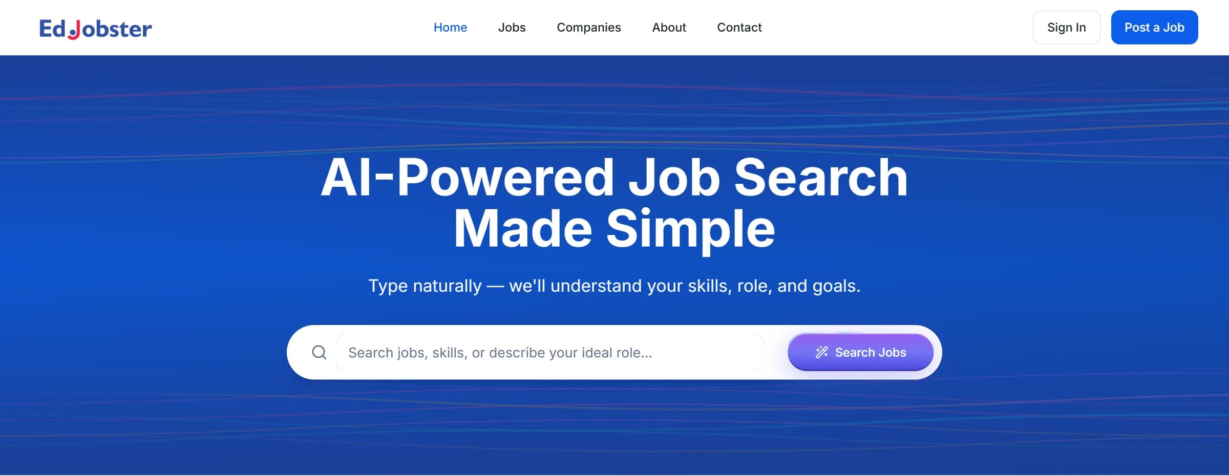 The jobs.edjobster.com homepage with its AI-powered natural-language job search bar