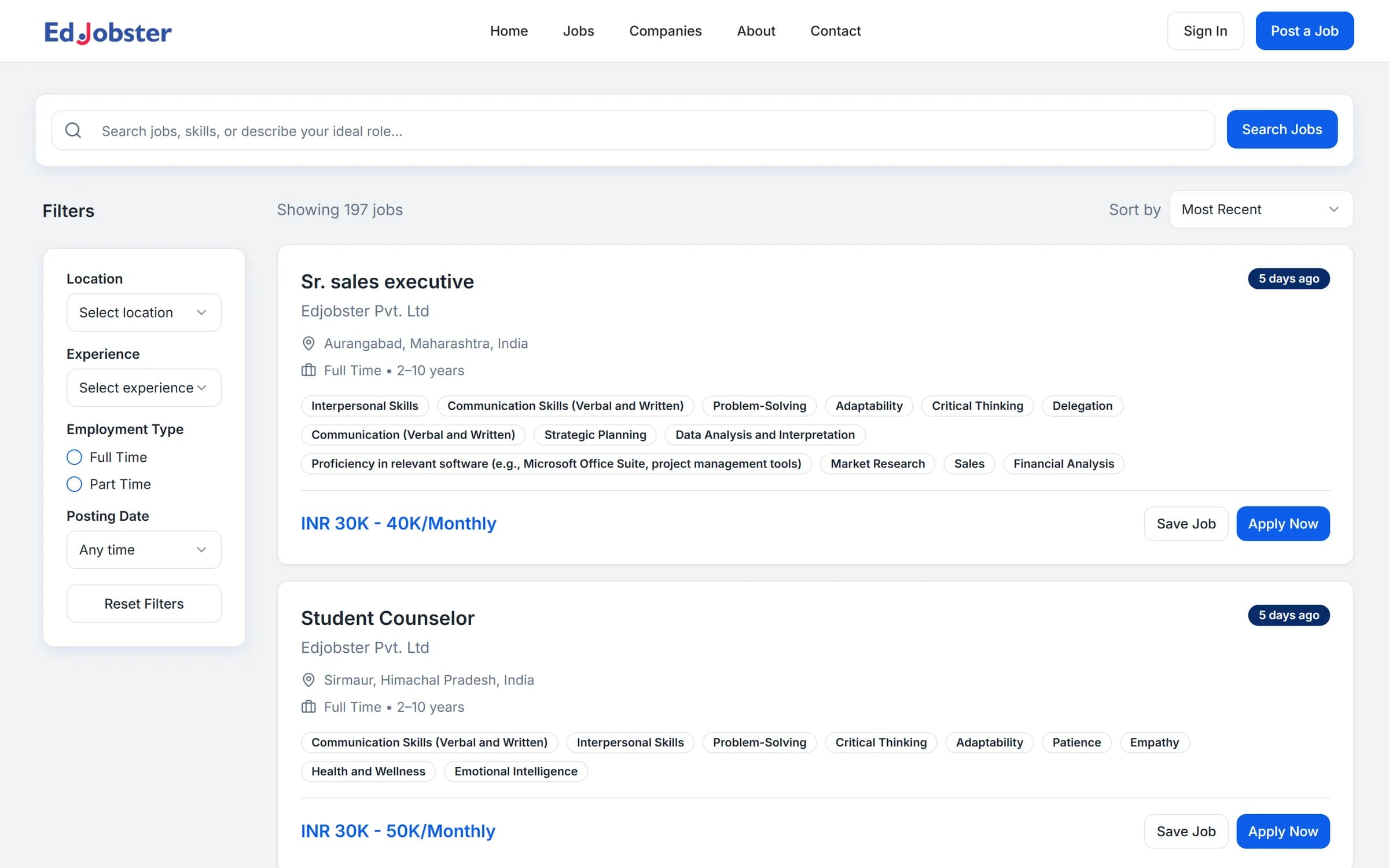 Job search results on jobs.edjobster.com: real openings with skill tags, location, experience range, INR salary, and one-click apply
