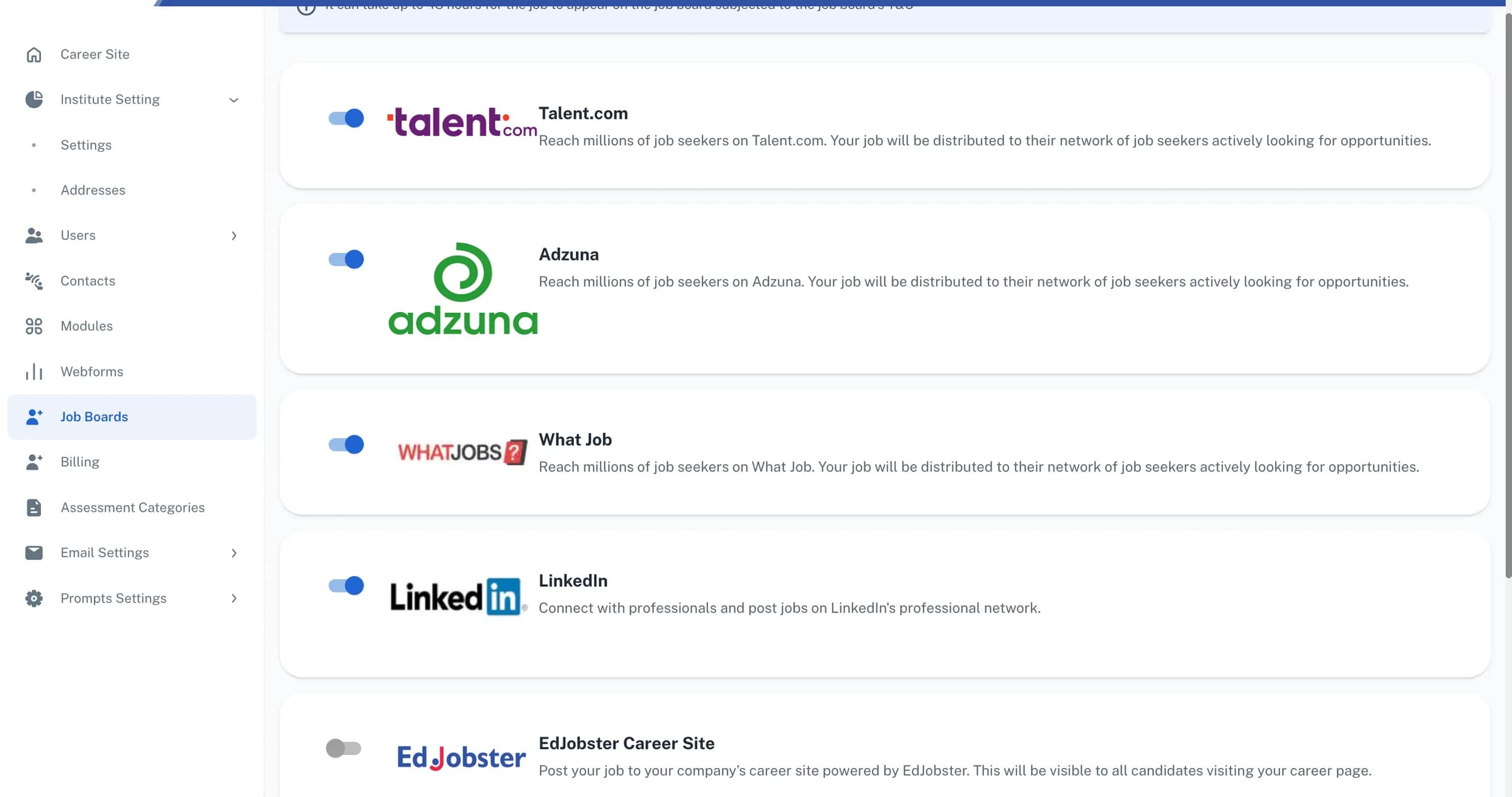 Job board distribution settings in the Edjobster ATS with toggles for Talent.com, Adzuna, WhatJobs, and LinkedIn